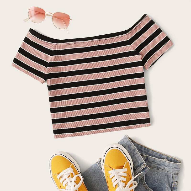 

Off Shoulder Rib-knit Striped Tee, Multicolor