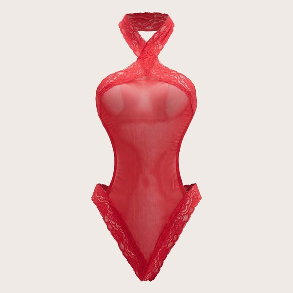 

Lace Trim Crisscross Halter Teddy Bodysuit, Red