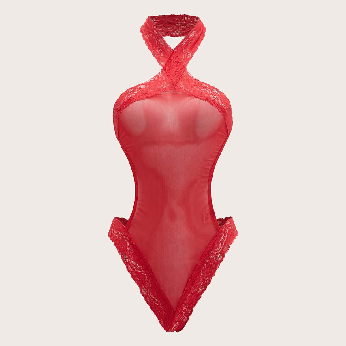 

Lace Trim Crisscross Halter Teddy Bodysuit, Red