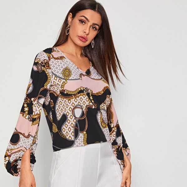 

Scarf Print Lantern Sleeve Top, Multicolor