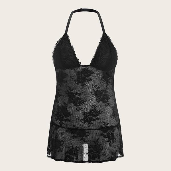 

Plus Floral Lace Halter Dress, Black