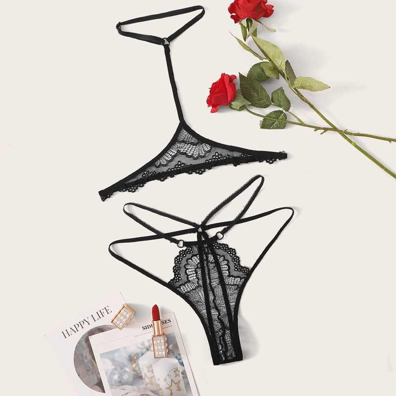 

Floral Lace Choker Lingerie Set, Black