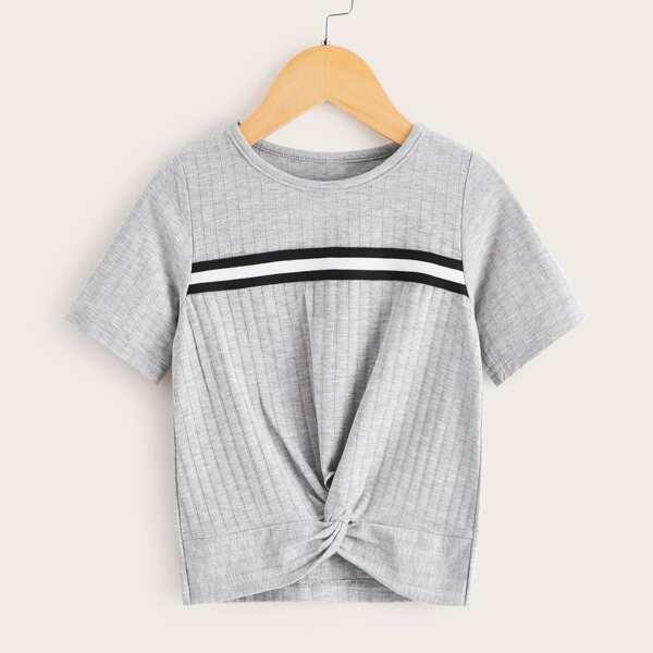 

Toddler Girls Stripe Tape Twist Hem Tee, Grey