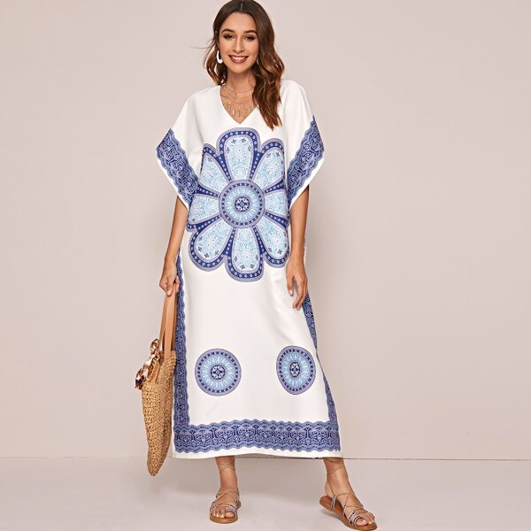 

Aztec Print Split Side Oversized Tunic Kaftan, Multicolor