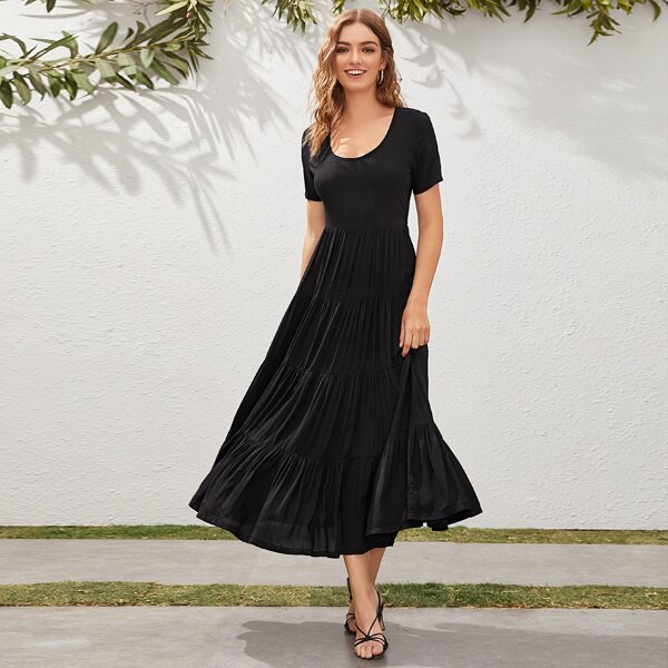 

Solid Zip Back Flounce Hem A-line Dress, Black