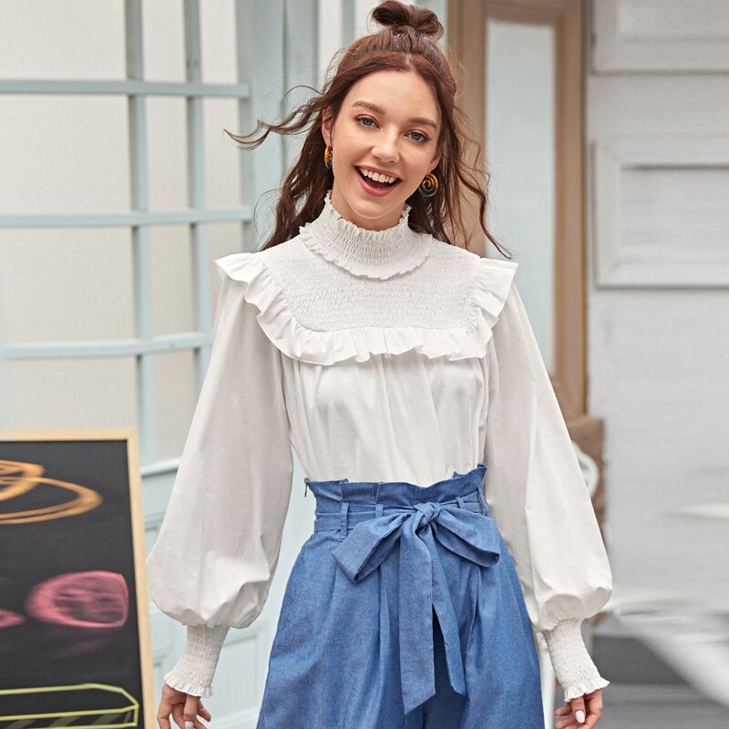 

Shirred Neck Lantern Sleeve Smock Top, White