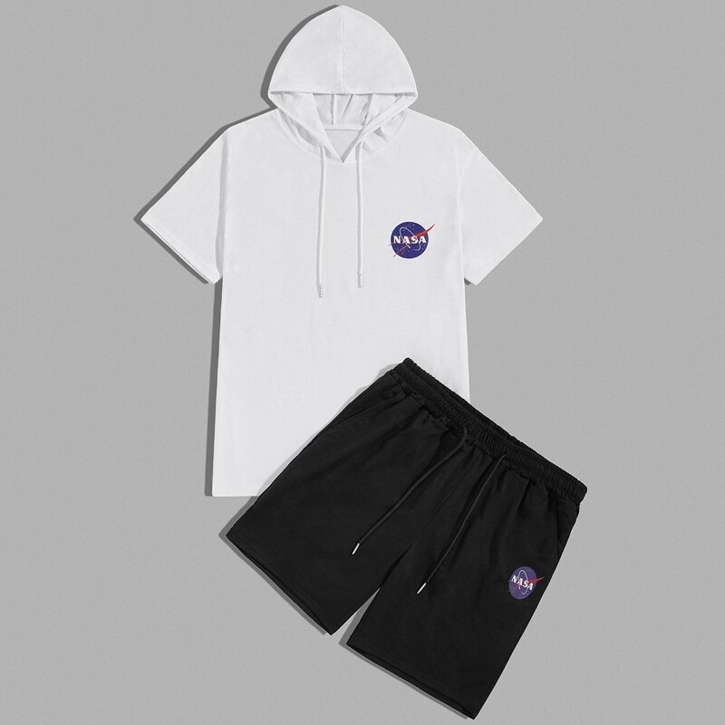 

Guys Letter Graphic Drawstring Hooded Tee & Track Shorts, Black and white
