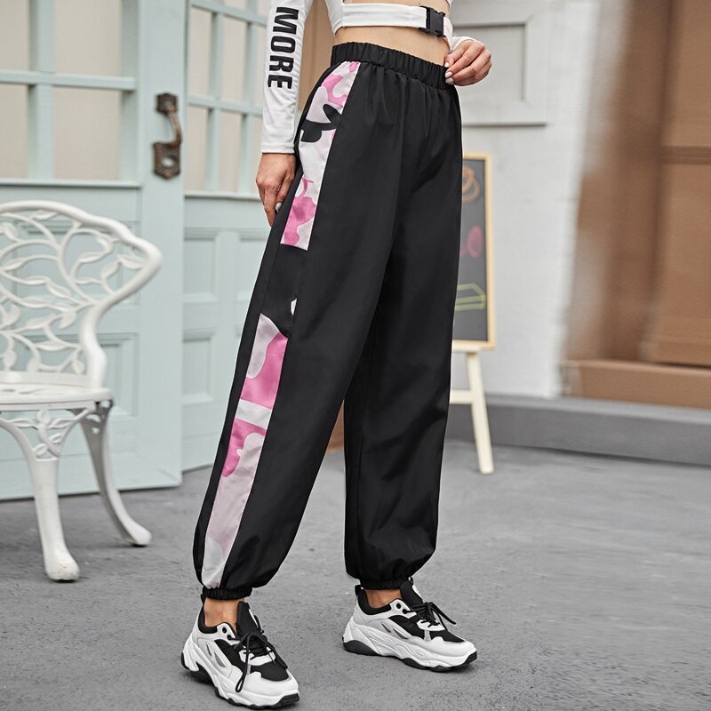

Contrast Camo Seam Side Windbreaker Pants, Black