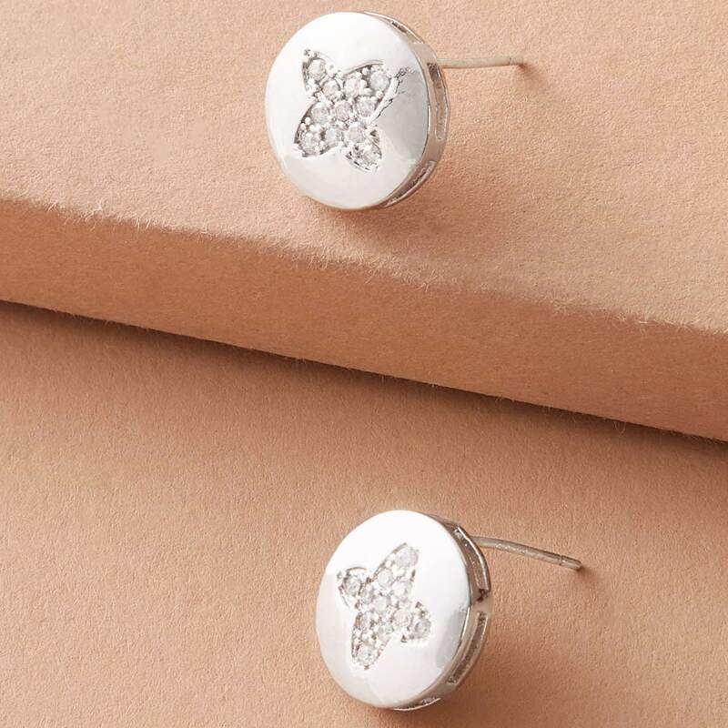 

1pair Rhinestone Engraved Clover Round Stud Earrings, Silver