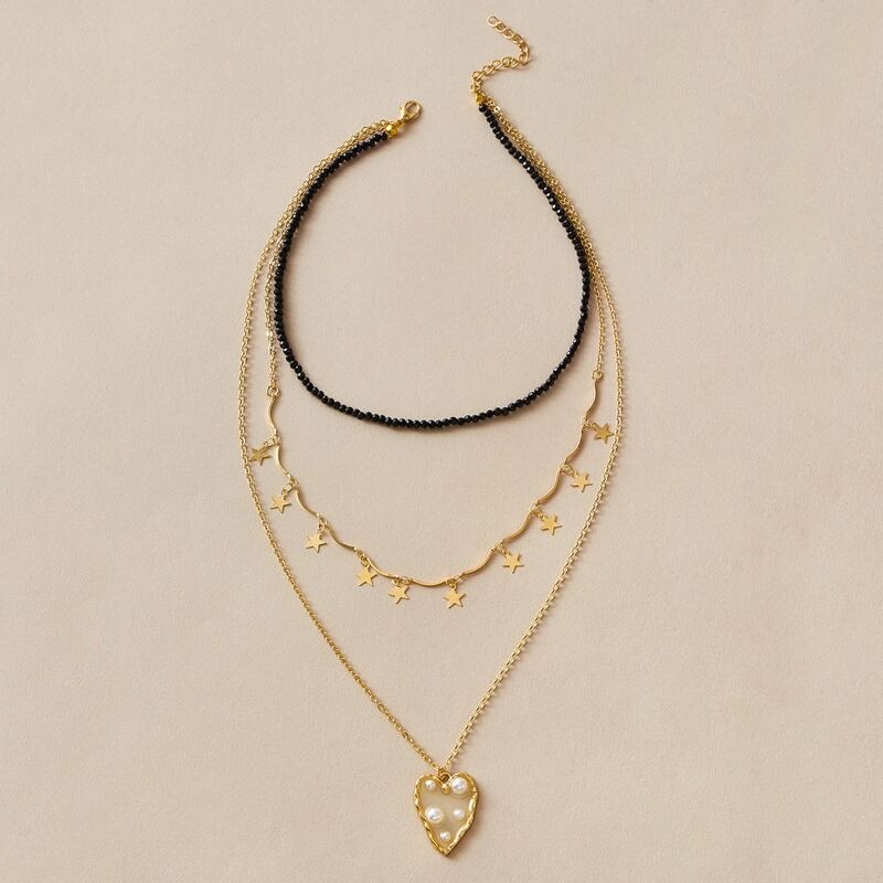 

1pc Heart & Star Charm Layered Necklace, Gold