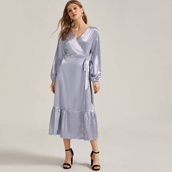

Self Tie Ruffle Hem Wrap Satin A-line Dress, Grey
