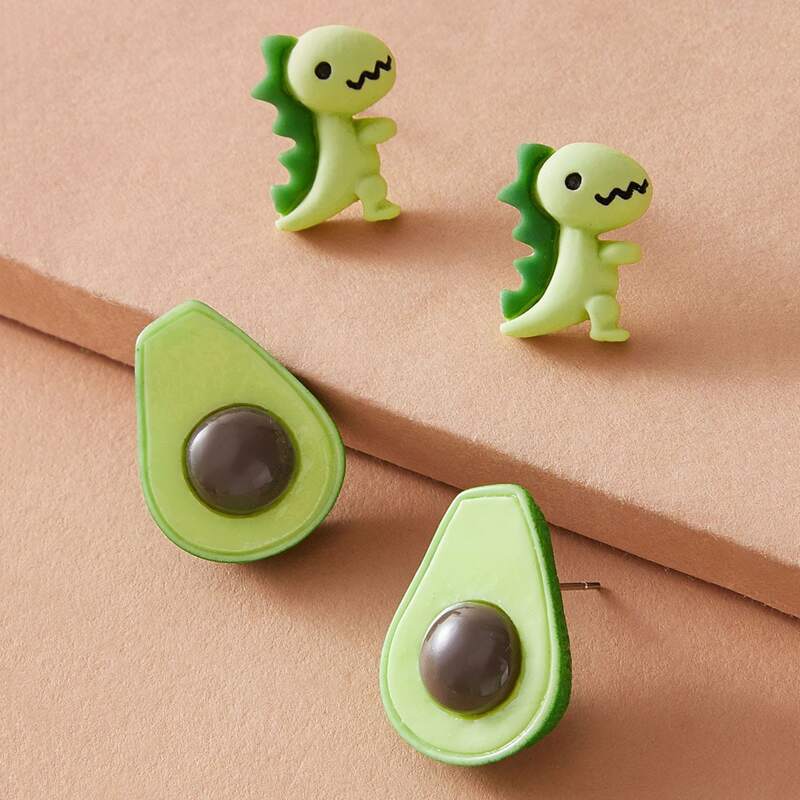 

2pairs Dinosaur & Avocado Shaped Stud Earrings, Green