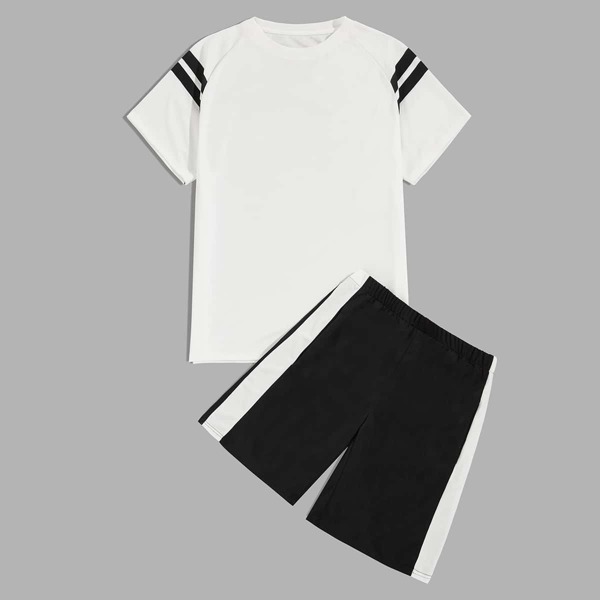 

Men Stripe Raglan Sleeve Tee & Shorts, Black and white