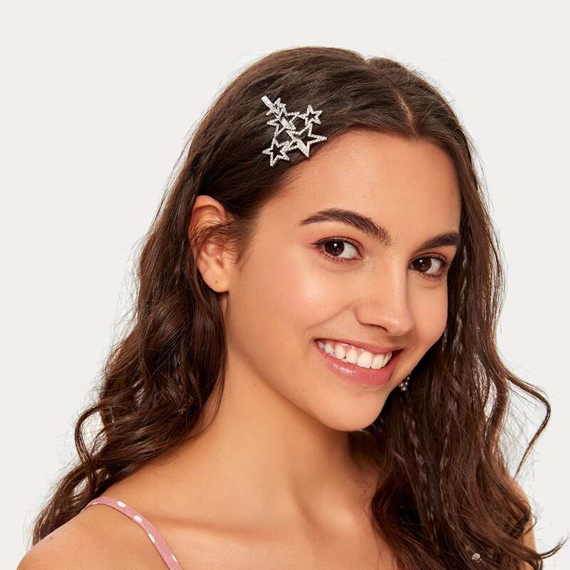 

1pc Rhinestone Engraved Star Hair Clip, Silver