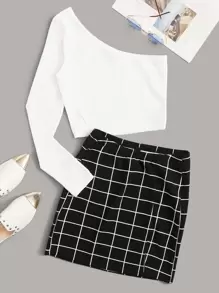 SHEIN Essnce One Shoulder Rib-knit Tee and Split Grid Skirt Set - Black and White - View 1