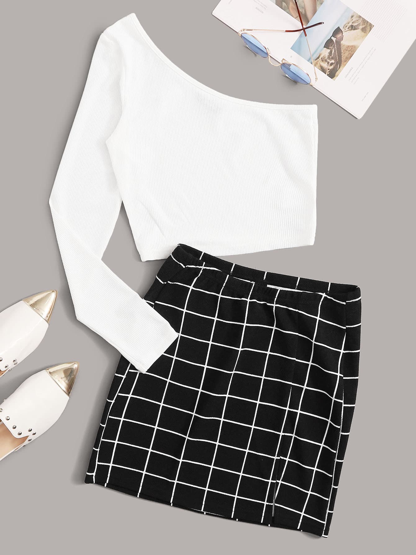 SHEIN Essnce One Shoulder Rib-knit Tee and Split Grid Skirt Set - Black and White - View 1