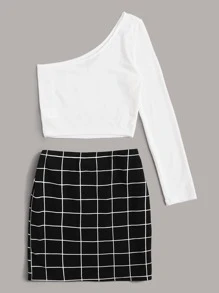 SHEIN Essnce One Shoulder Rib-knit Tee and Split Grid Skirt Set - Black and White - View 2