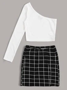 SHEIN Essnce One Shoulder Rib-knit Tee and Split Grid Skirt Set - Black and White - View 3