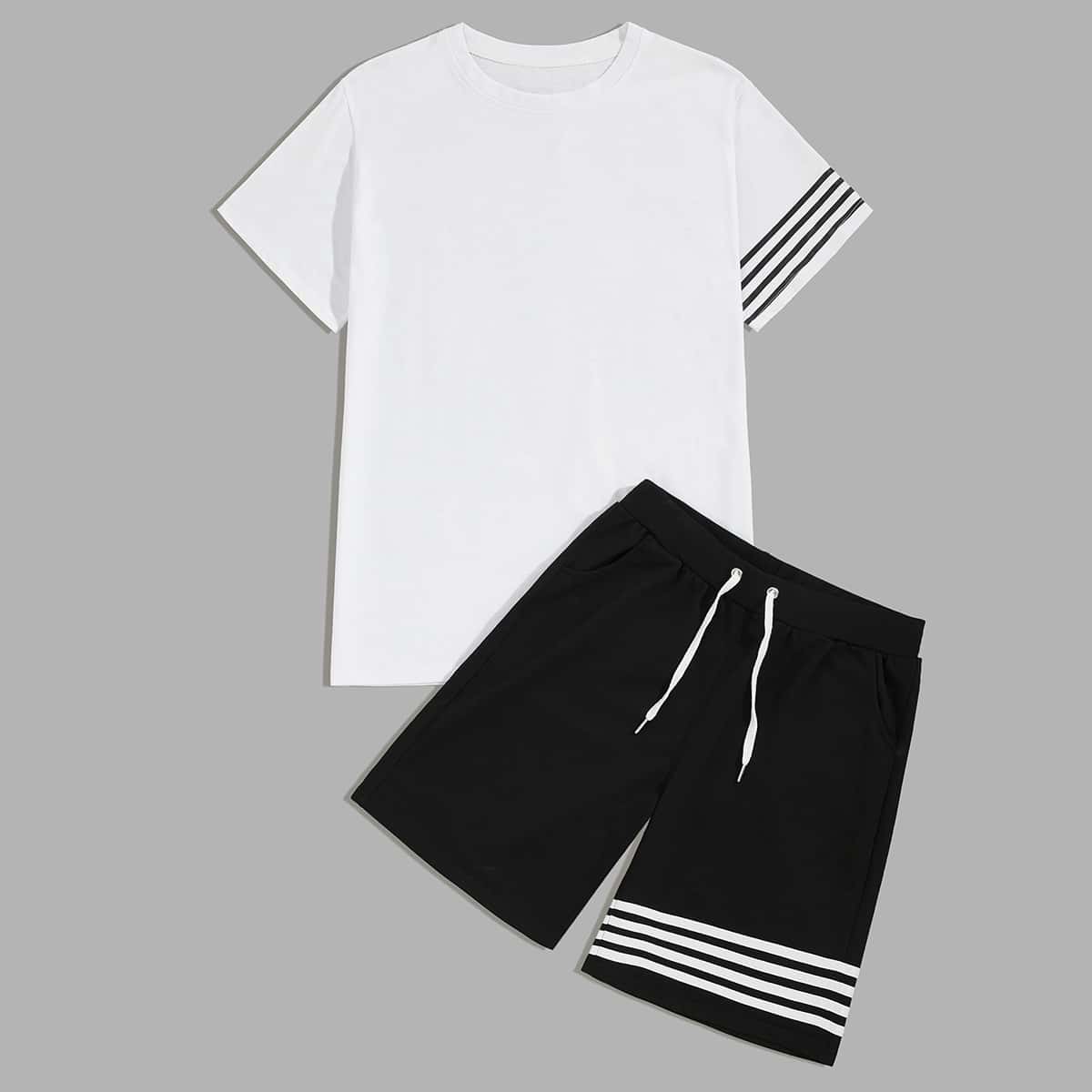 Guys Stripe Tee & Drawstring Track Shorts, Black and white