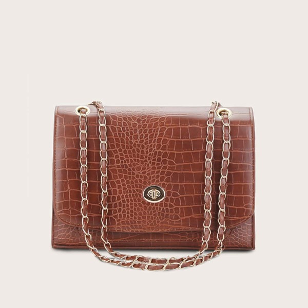 

Twist Lock Croc Embossed Tote Bag, Brown