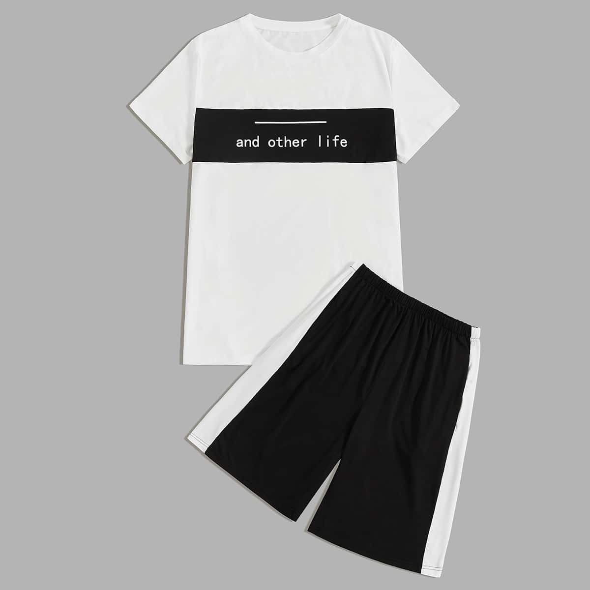 Guys Letter Graphic Tee & Shorts PJ Set, Black and white