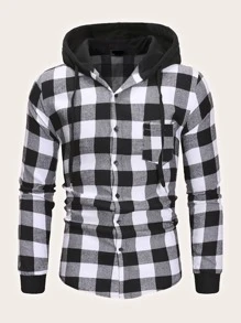 Manfinity Homme Camisa con capucha de hombres con cordón de cuadros - Blanco y Negro - Ver 1