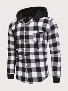 Manfinity Homme Camisa con capucha de hombres con cordón de cuadros - Blanco y Negro - Ver 3