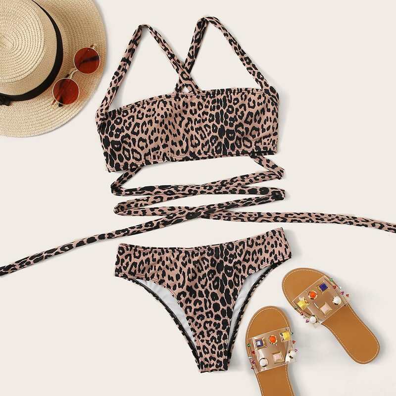 

Leopard Tie Back Bikini Swimsuit, Multicolor
