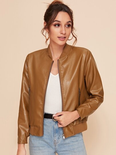 Slant Pocket Zip-up PU Leather Bomber Jacket