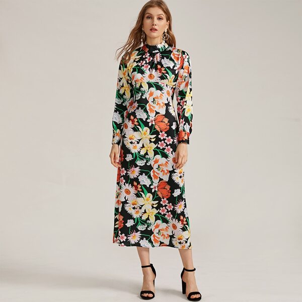 

Floral Print Mock Neck Longline Dress, Multicolor