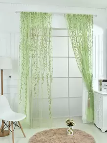 1pc Simple Weeping Willow Printed Window Curtain - Green - View 1