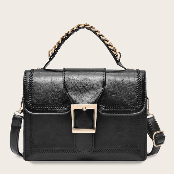 

Buckle Decor Flap Satchel Bag, Black