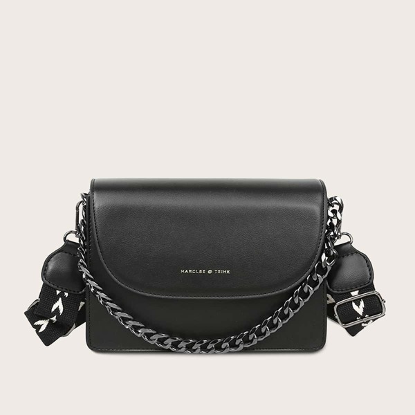 

Chain Handle Flap Satchel Bag, Black
