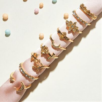 ROMWE 1 เซ็ต/9 ชิ้น แหวนโลหะรูปดาว, พระจันทร์ และดอกไม้