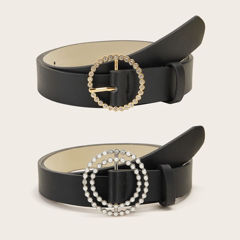 

2pcs Faux Pearl Round Buckle Belts Sets, Black