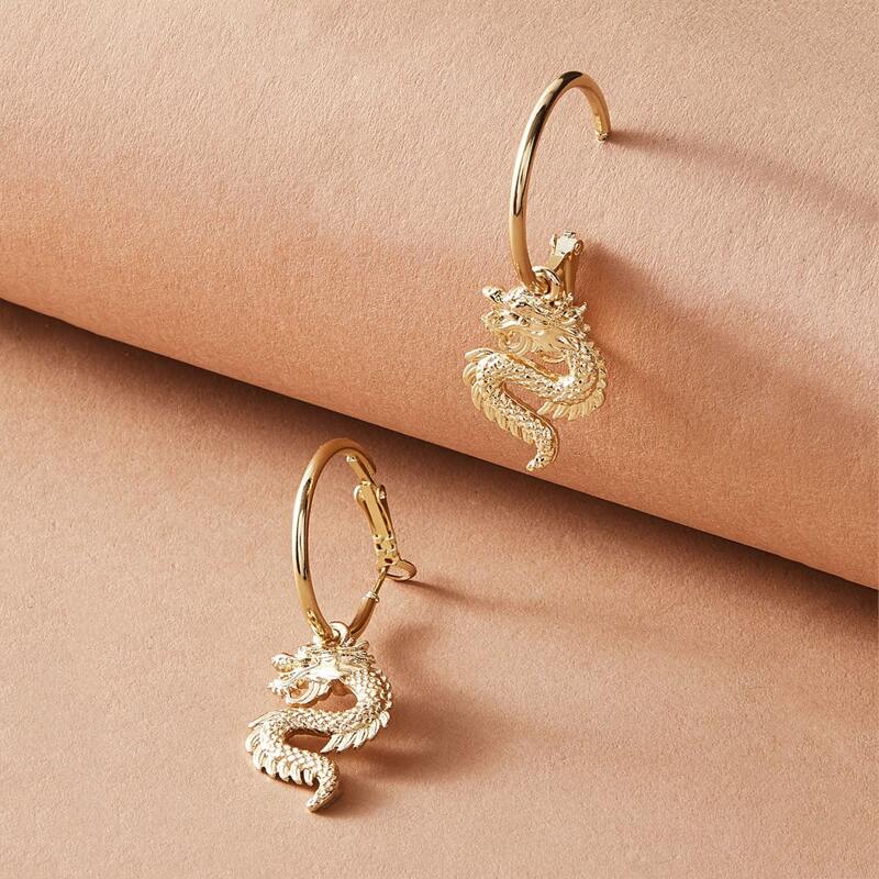 

1pair Ring Decor Dragon Drop Earrings, Gold