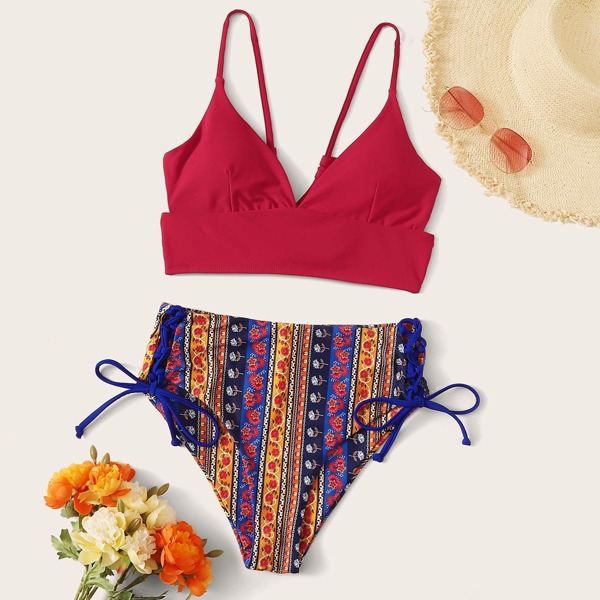 

Tribal Lace Up High Waisted Bikini Swimsuit, Multicolor