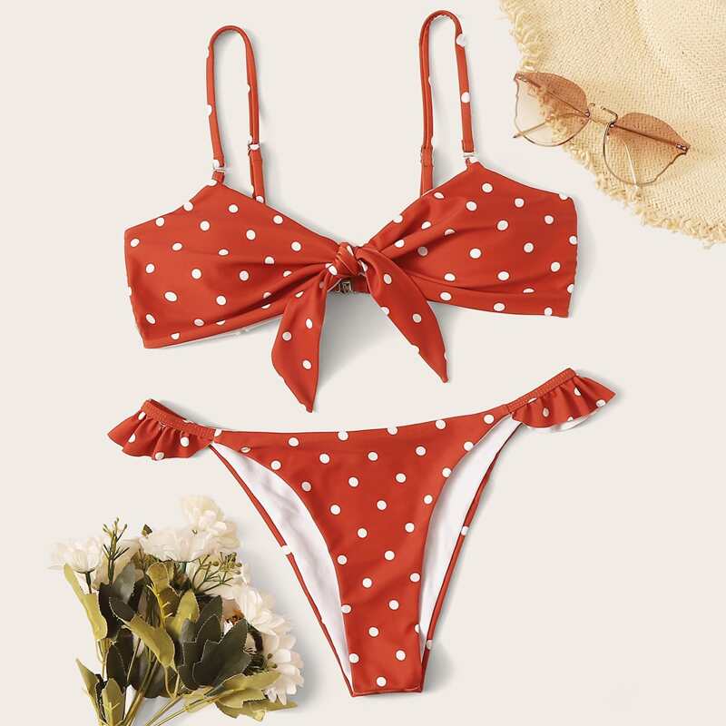 

Polka Dot Knot Front Cheeky Bikini Swimsuit, Burnt orange