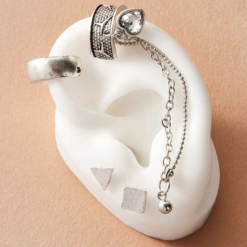 

4pcs Geometric & Heart Decor Earrings, Silver