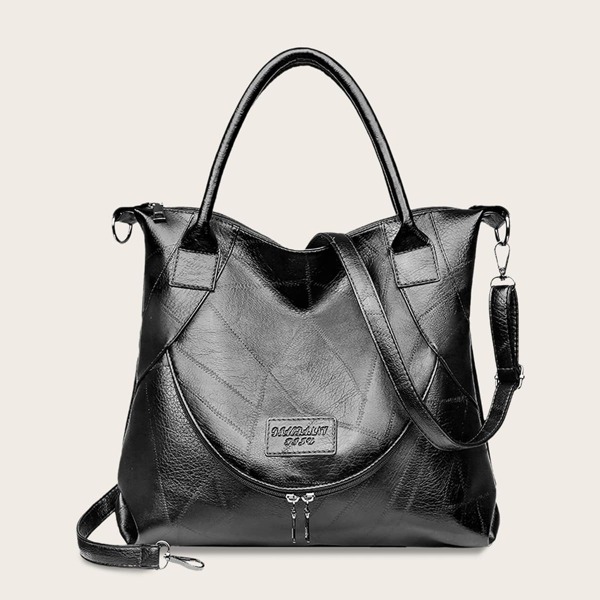 

PU Patch Stitch Detail Tote Bag, Black