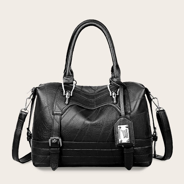 

Stitch Detail Buckle Strap Tote Bag, Black