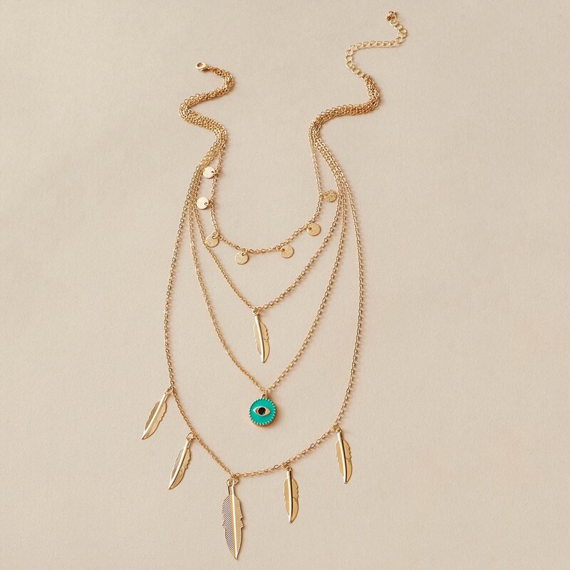 

1pc Leaf Tassel & Eye Charm Layered Necklace, Gold