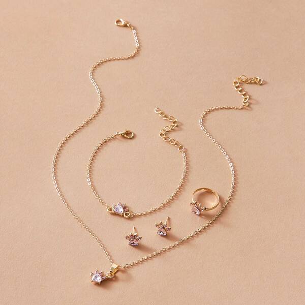 

5pcs Rhinestone Charm Necklace & Earrings & Bracelet & Ring, Gold