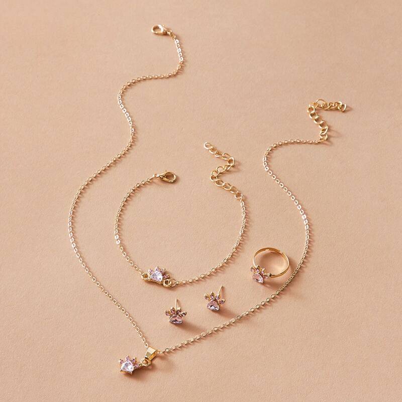 

5pcs Rhinestone Charm Necklace & Earrings & Bracelet & Ring, Gold
