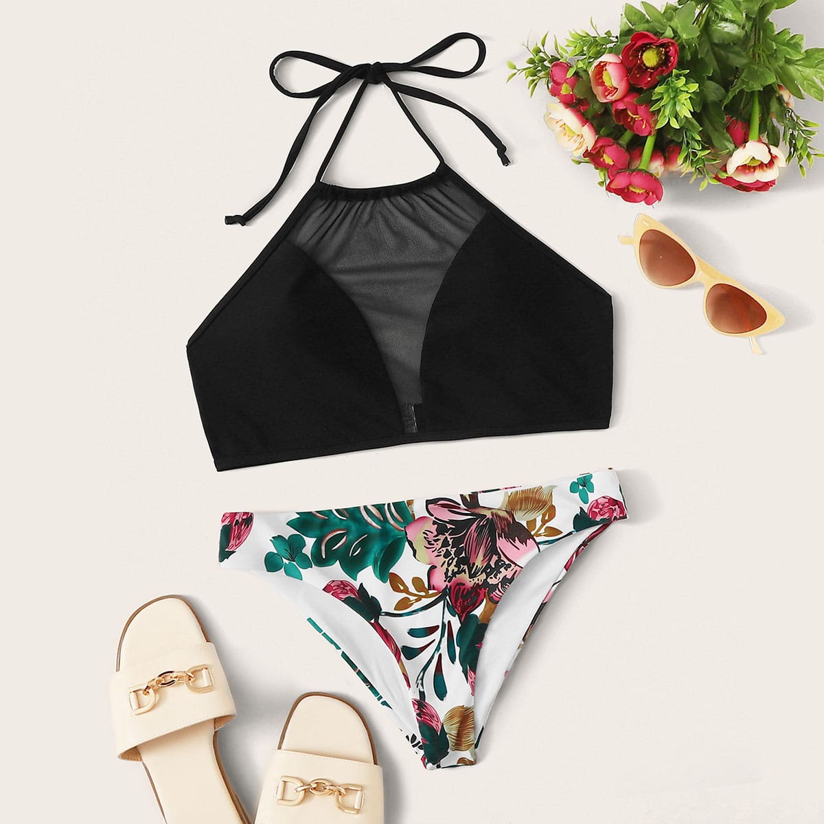 

Contrast Mesh Halter Top With Floral Print Panty Bikini, Multicolor