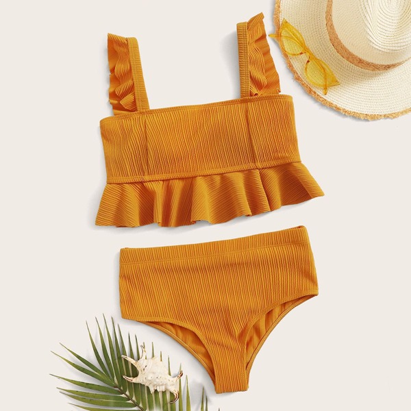 

Textured Ruffle Trim Top With High Waist Bikini, Yellow