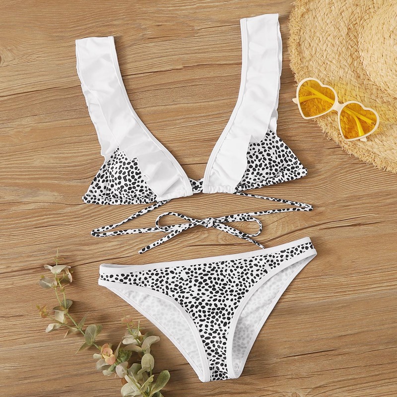 

Dalmatian Print Tie Back Top With Cheeky Bikini, Black and white