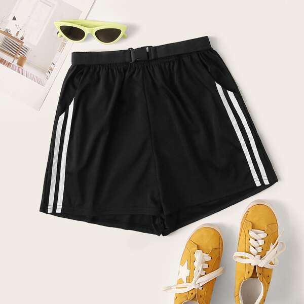 

Striped Side Pocket Shorts With Belt, Black