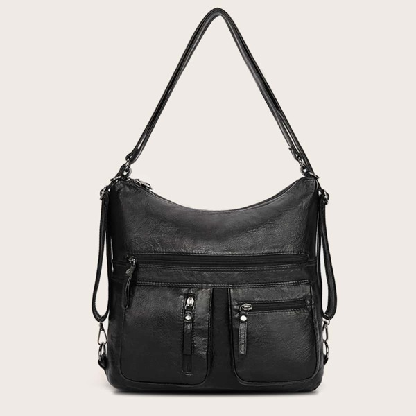 

Retro Pocket Front Tote Bag, Black
