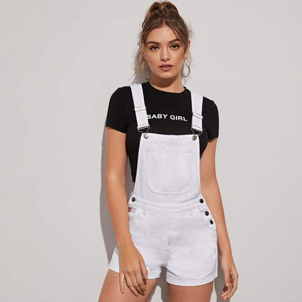 

Solid Pocket Front Denim Overalls, White